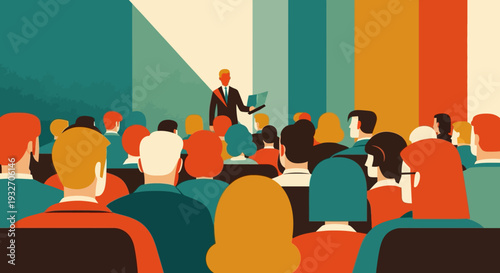 Colorful conference presentation in retro style with diverse audience