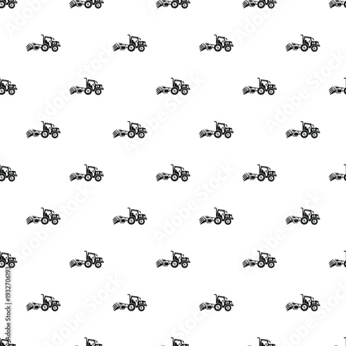 Repeating pattern of black farm tractors with harvesting machinery on a white background