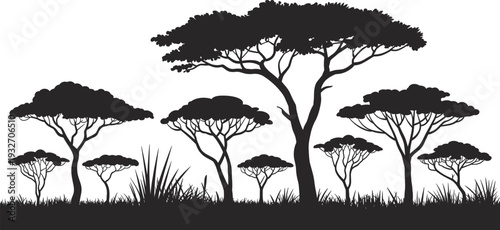 Silhouette African savanna landscape with acacia trees, flat canopy vegetation, shrubs and grasses, iconic wildlife ecosystem vector illustration design