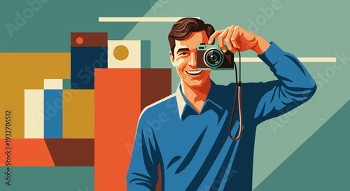 Retro style photography enthusiast capturing memories in vibrant geometric background