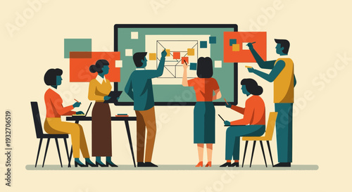 Collaborative office brainstorming session with creative team in flat design