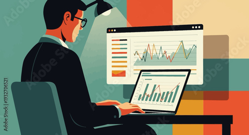 Professional data analyst working on charts and graphs in modern office setting