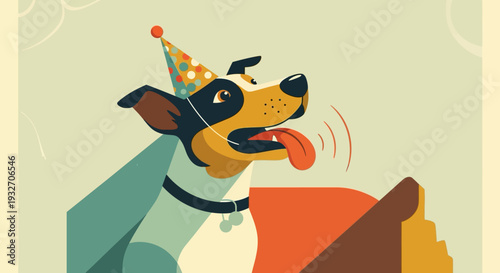Playful dog in party hat with vintage colors and geometric flat design
