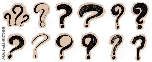 Crayon scrapbook question marks set. Hand drawn doodle punctuation symbols. Chalk pencil collection of various question marks doubt and thinking elements for collages on craft torn paper.