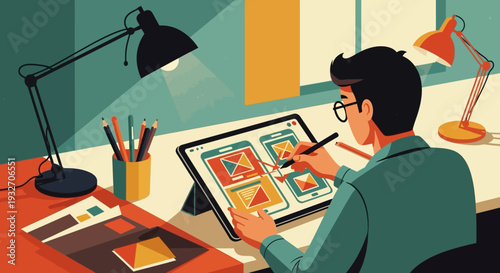 Designer creating digital artwork on tablet in modern workspace