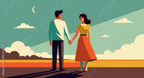 Romantic couple holding hands under crescent moon in modern flat style