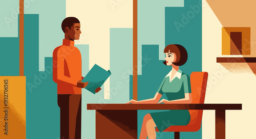 Retro office scene with two professionals in a meeting