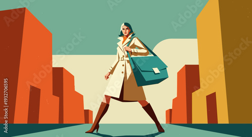 Retro style fashionista walking in urban cityscape with bold colors and geometric shapes