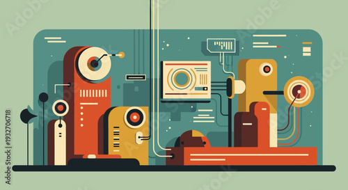 Futuristic isometric machine room with colorful abstract geometric design