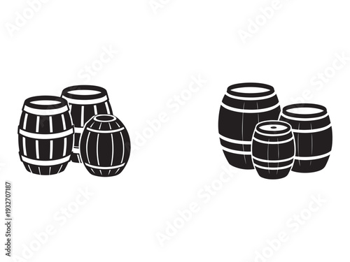 Black and white illustration of wooden barrels with white stripes on white background