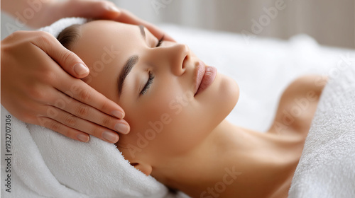 Woman relaxing during a facial spa treatment with eyes closed, beauty and wellness massage, spa relaxation therapy, skincare facial procedure, luxury beauty treatment, defocused