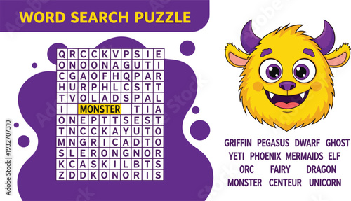 Fantasy word search puzzle with cute monster character and mythical creatures educational game vector illustration
