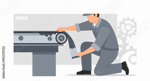 Maintenance worker adjusting conveyor belt in factory, industrial setting.