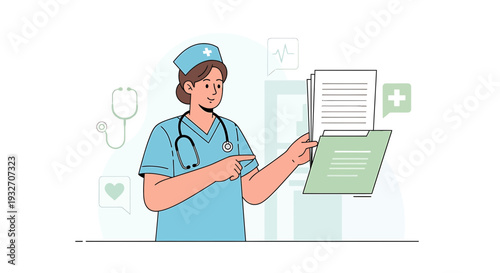Nurse reviewing medical chart, healthcare professional at work, jobdesk concept.