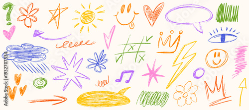 Funky crayon childish drawn doodle collection. Colorful pencil drawings flower, crown, stars, arrows, squiggles in childish girly style. Vector freehand cute shapes, various chalk kid scribbles