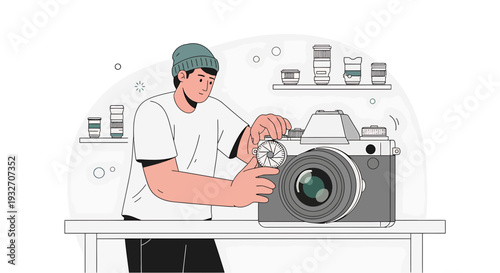 Photographer Adjusting Vintage Camera Lens, Creative Hobby, Professional Photography