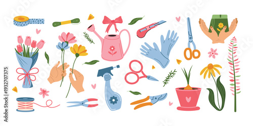 A set of elements for floristry and floriculture, hand-drawn in a flat style. Vector design on a white background.