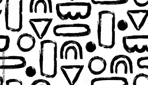 Crayon brush strokes geometric shapes seamless pattern. Charcoal scribble wavy shapes memphis style background. Abstract scribble figures, shapes, curved thick brush strokes, circles, squares, dots