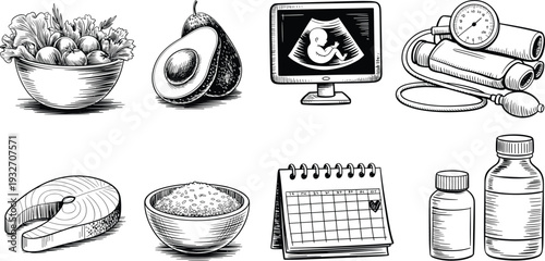 Sketch collection featuring healthy nutrition ultrasound scan blood pressure monitor and pregnancy calendar outline line illustrations