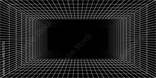 Futuristic perspective grid box. Abstract wireframe with white grid line on black background. Virtual reality landscape in 80s 90s digital style. Vector eps10,
