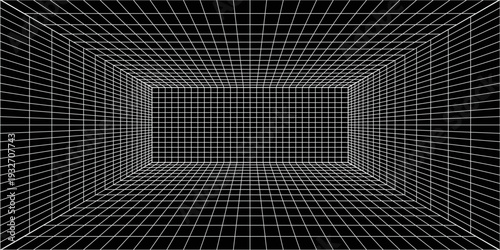 Futuristic perspective grid box. Abstract wireframe with white grid line on black background. Virtual reality landscape in 80s 90s digital style. Vector eps10,