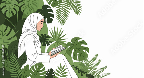 Peaceful Muslim woman reading book in lush green garden environment. Woman in hijab immersed in quiet study, surrounded by tropical foliage, finding solace.