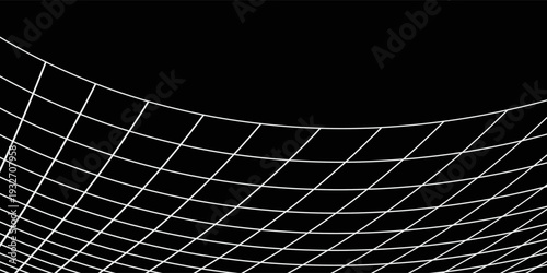 Futuristic perspective grid box. Abstract wireframe with white grid line on black background. Virtual reality landscape in 80s 90s digital style.