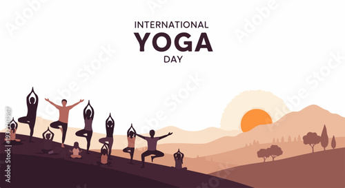 People performing various yoga poses in serene mountain landscape, celebrating International Yoga Day with mindful movement. Figures demonstrate asanas against tranquil backdrop,