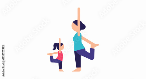 Illustration shows mother child yoga practice, standing in balance pose. Figures perform healthy exercise, stretching upward for yoga practice. Concept for wellbeing, active family lifestyle,