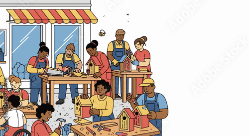 Diverse people crafting birdhouses, engaging in hands on creative workshop. Participants construct wooden structures for birds using various hand tools, emphasizing skill development.