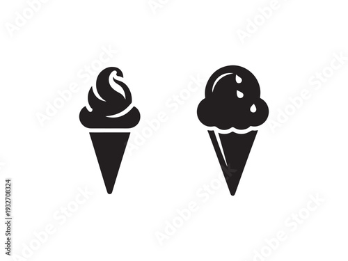 Black and white illustrations of ice cream cones with different scoops  one swirled and one rounded with drops  on white background