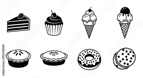 A monochromatic illustration of various baked goods and desserts, all in a line design