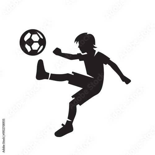 Dynamic Silhouette of a Young Boy Kicking a Soccer Ball, Action Sport Illustration for Youth Sports Promotion and Active Lifestyle Concepts