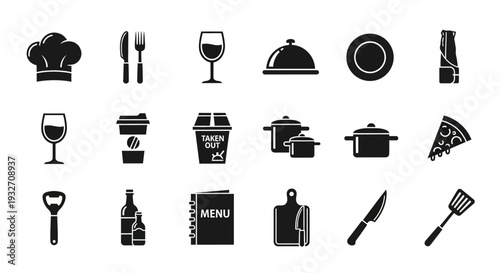 A monochromatic illustration of various culinary tools and food icons