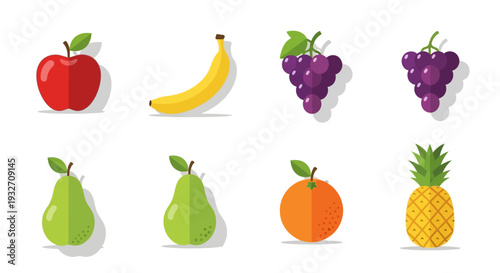 A vibrant assortment of various fruits displayed with bold, flat design on a white backdrop