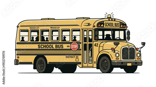 Classic yellow school bus with children inside and stop sign
