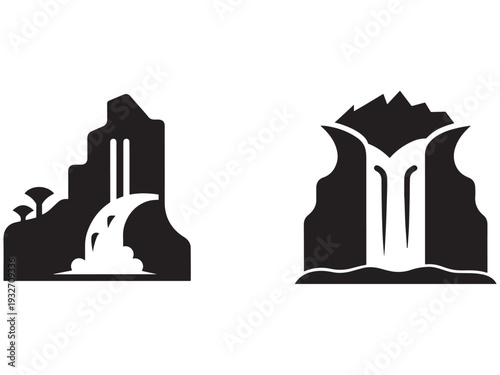 Black and white illustrations of waterfalls and mountains  two landscape silhouettes with flowing water