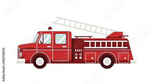 Red fire truck with ladder on white background