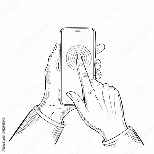 Hand holding smartphone with finger touching screen illustration.