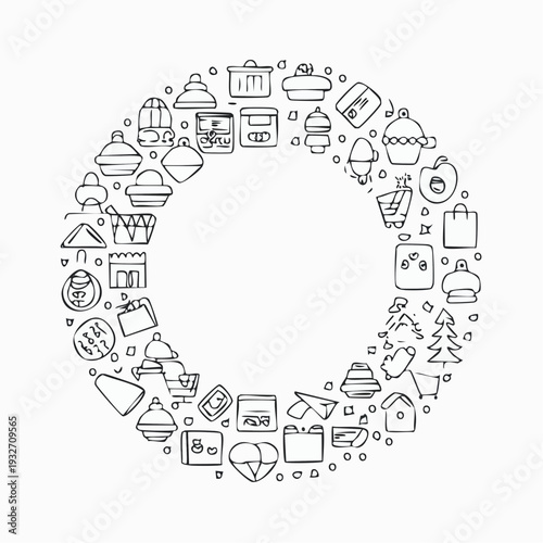 Collection of various icons arranged in a circular pattern.