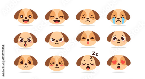A cute puppy's various facial expressions illustrating different emotions in a digital illustration style