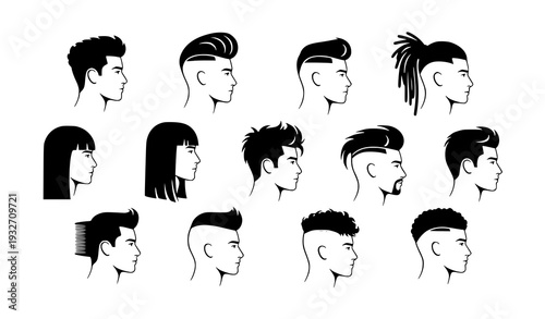 Modern Male Side Profile Silhouettes in Circular Layout with Trendy Haircuts Vector
