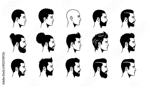 Male Profile Silhouette Collection with Different Hairstyles and Beard Styles Vector Set