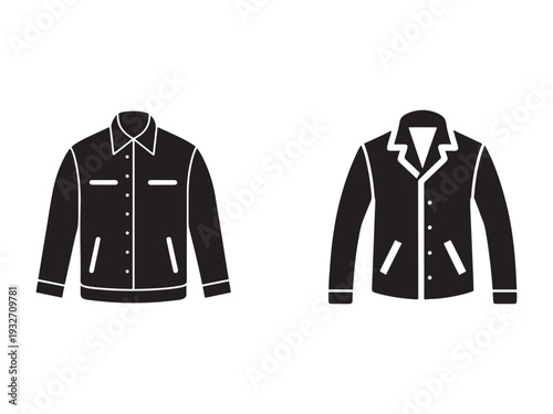 Black and white illustrations of two jackets with buttons and pockets  clothing and apparel icons