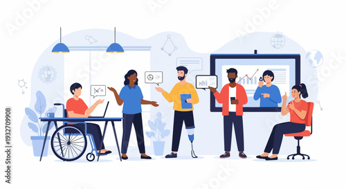 Inclusive workplace environment featuring diverse team members collaborating on business project. Modern office scene shows colleagues with varying abilities working together,