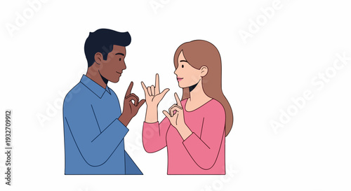 Diverse couple engaged in meaningful sign language communication. Young man and woman actively gesturing, exchanging ideas through expressive sign language.