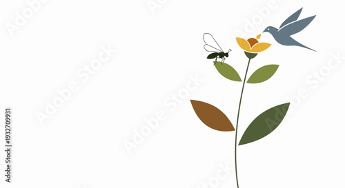 Stylized nature illustration depicting hummingbird approaching yellow flower with bee resting on green leaf.