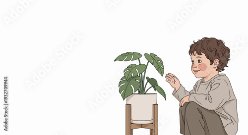 Curious child plant interaction, observing green houseplant in white pot on wooden stand, expressing wonder. Young child plant exploration, touching broad leaves, fostering connection with nature.