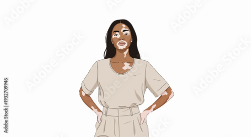 Woman with vitiligo standing confidently on solid white background. Vitiligo skin condition highlights unique beauty, powerful self acceptance, promoting body positivity.