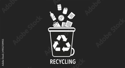 Recycling concept graphic with white trash bin receiving various waste items, including cans, bottles, and paper. Recycling concept symbolizes environmental protection,